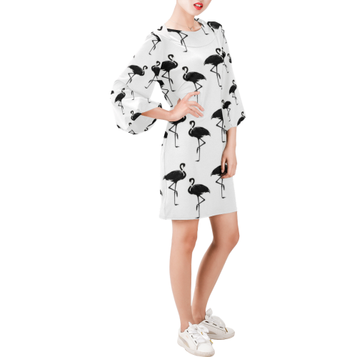Flamingos Pattern Black and White Bell Sleeve Dress (Model D52)
