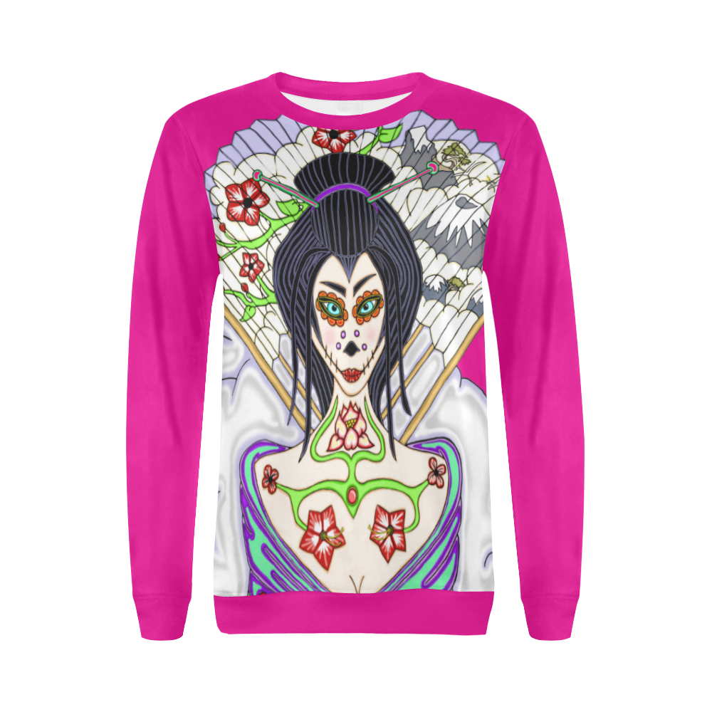 Geisha Sugar Skull Pink All Over Print Crewneck Sweatshirt for Women (Model H18)