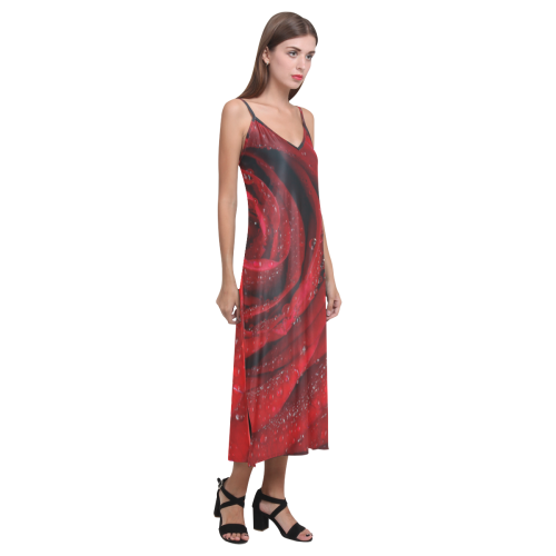 Red rosa V-Neck Open Fork Long Dress(Model D18)