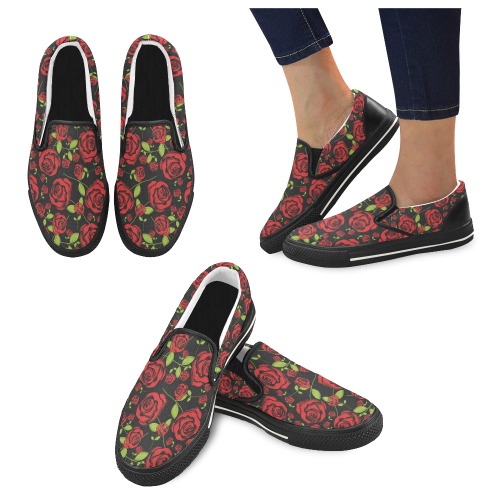 Red Roses on Black Slip-on Canvas Shoes for Kid (Model 019)