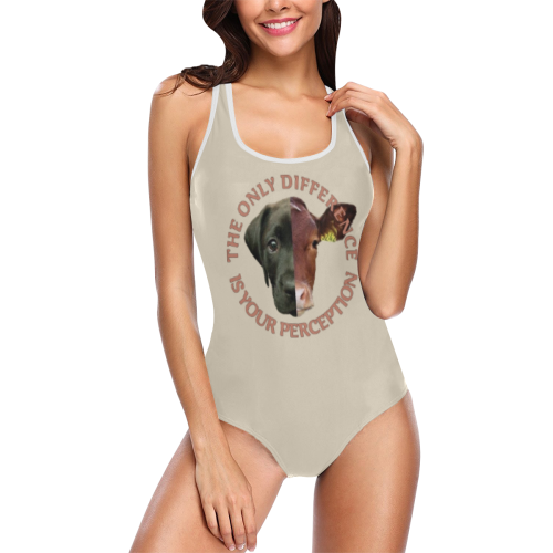 Vegan Cow and Dog Design with Slogan Vest One Piece Swimsuit (Model S04)