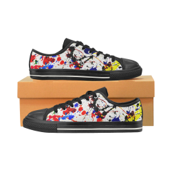 Blue & Red Paint Splatter - Black Low Top Canvas Shoes for Kid (Model 018)