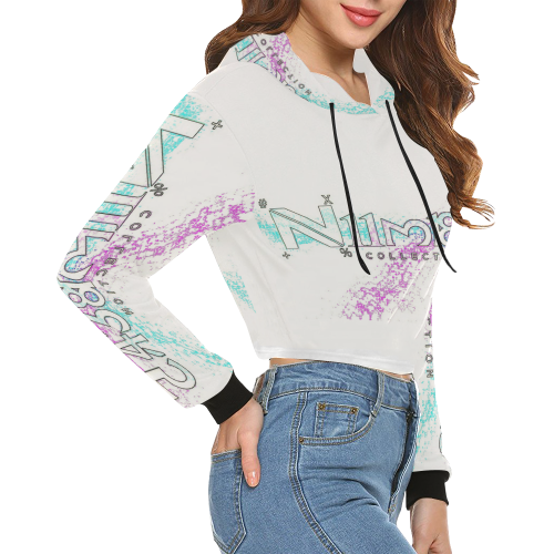 NUMBERS Collection Splash LOGO White All Over Print Crop Hoodie for Women (Model H22)