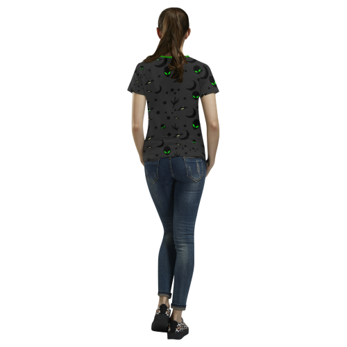Alien Flying Saucers Stars Pattern on Charcoal/Green Trim All Over Print T-shirt for Women/Large Size (USA Size) (Model T40)