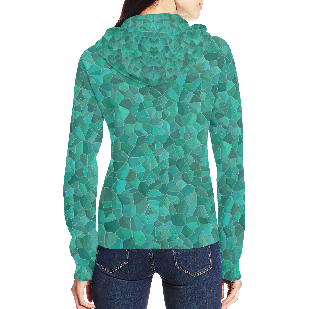 Turquoise All Over Print Full Zip Hoodie for Women (Model H14)