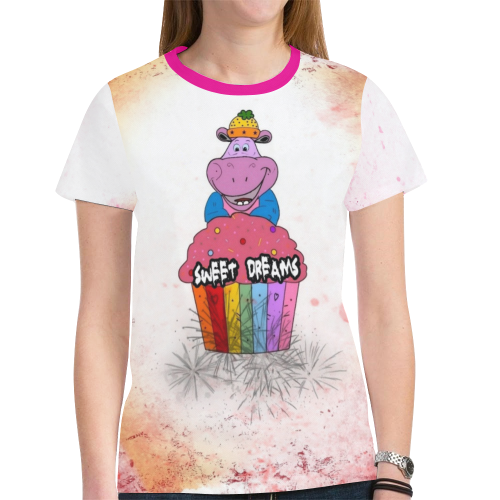 Sweets Hippo by Nico Bielow New All Over Print T-shirt for Women (Model T45)