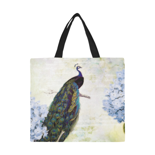 blue peacock and hydrangea All Over Print Canvas Tote Bag/Large (Model 1699)