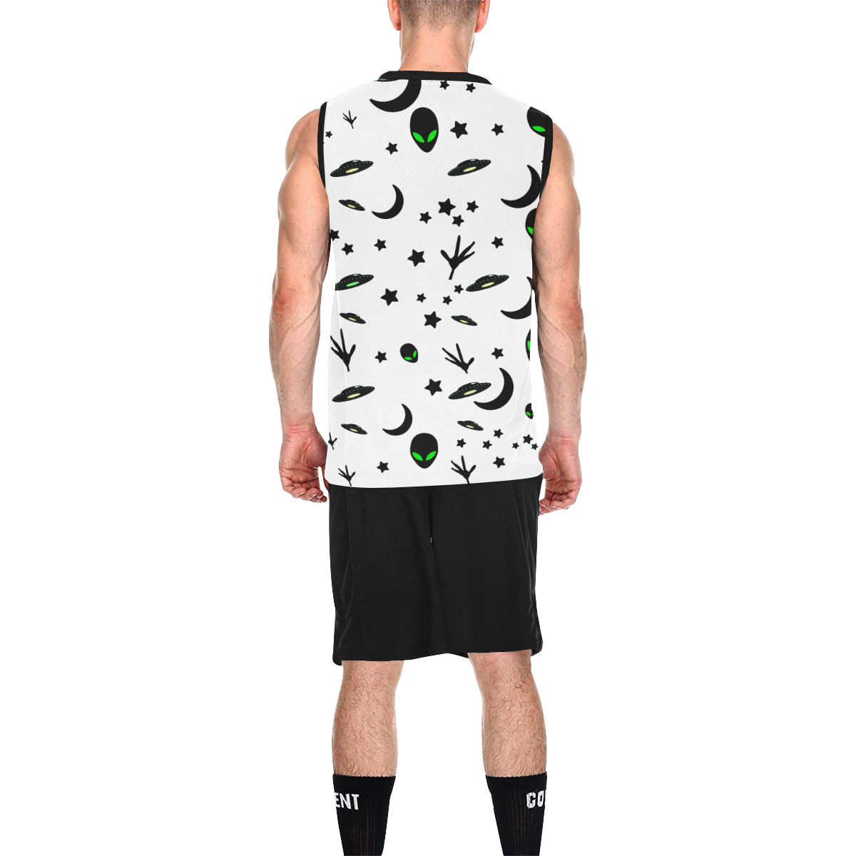 Alien Flying Saucers Stars Pattern on White/Black All Over Print Basketball Uniform