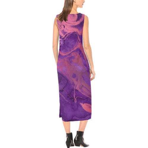 FD's Purple Marble Collection- Women's Purple Marble Sleeveless Open Long Dress 53086 Phaedra Sleeveless Open Fork Long Dress (Model D08)