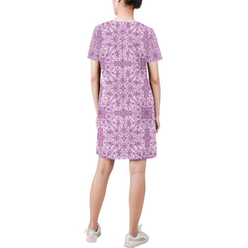 ornamental pink Short-Sleeve Round Neck A-Line Dress (Model D47)