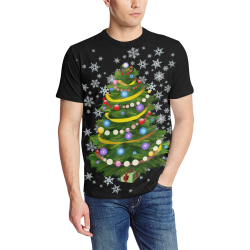 Snowflakes and Christmas Tree with Gift on black Men's All Over Print T-Shirt (Solid Color Neck) (Model T63)