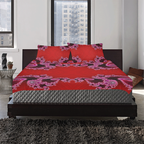 Red Pink Mauve Hearts and Lace Fractal Abstract 2 3-Piece Bedding Set