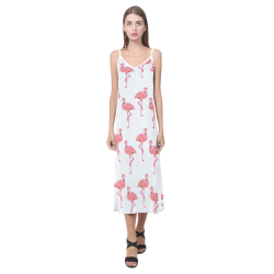 Pink Flamingo Pattern Tropical Summer Style V-Neck Open Fork Long Dress(Model D18)