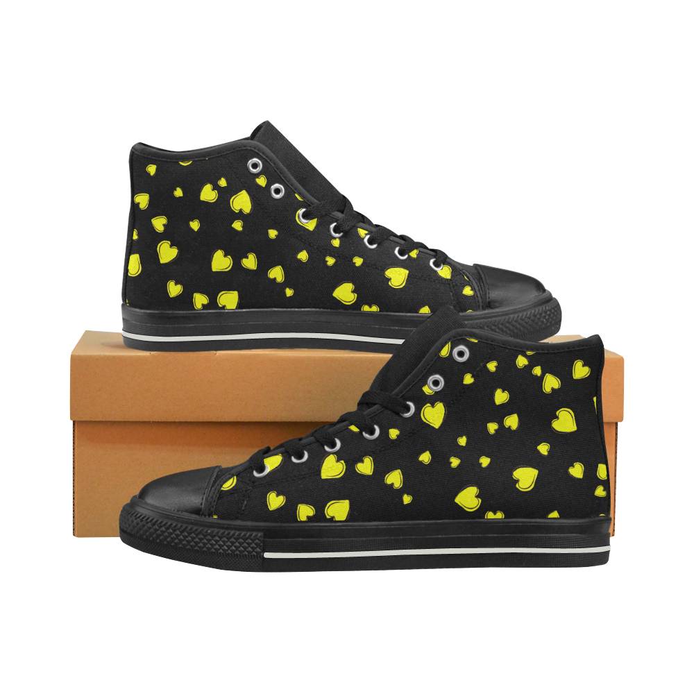 Yellow Hearts Floating on Black Women's Classic High Top Canvas Shoes (Model 017)