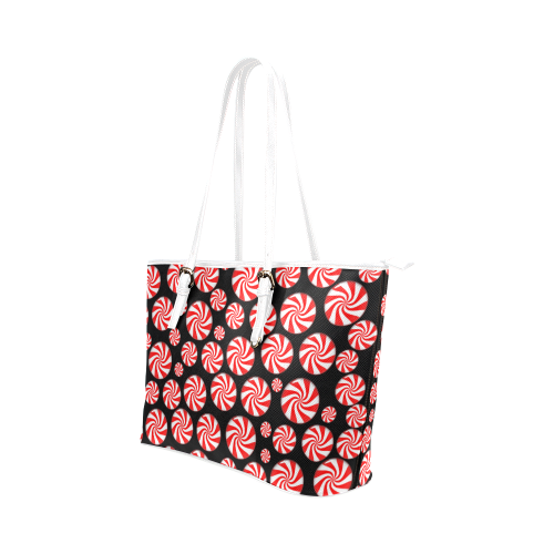 Christmas Peppermint Candy on Black Leather Tote Bag/Small (Model 1651)