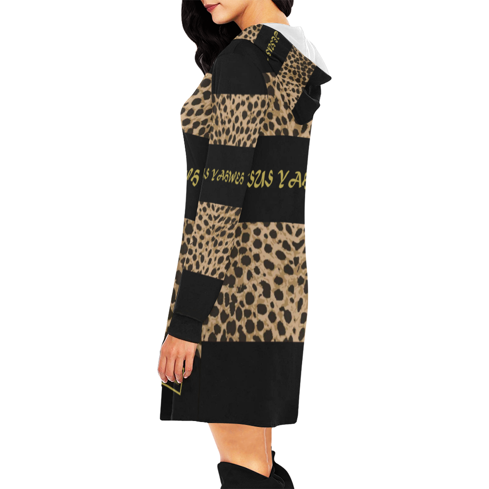 Yahweh Leopard Hood Dress Black All Over Print Hoodie Mini Dress (Model H27)