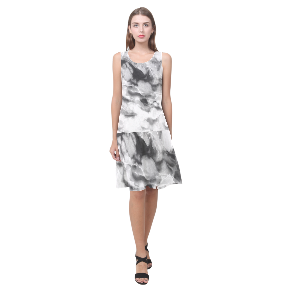Marble Black and White Pattern Sleeveless Splicing Shift Dress(Model D17)