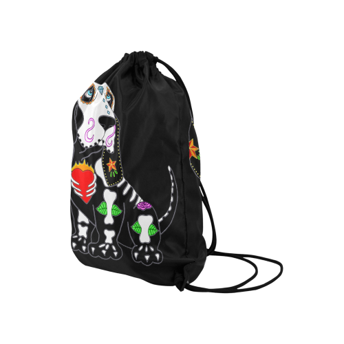 Basset Hound Sugar Skull Black Medium Drawstring Bag Model 1604 (Twin Sides) 13.8"(W) * 18.1"(H)