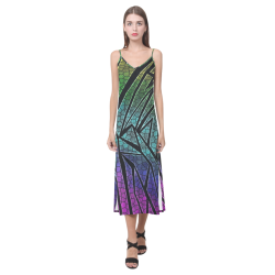 Neon Rainbow Cracked Mosaic V-Neck Open Fork Long Dress(Model D18)