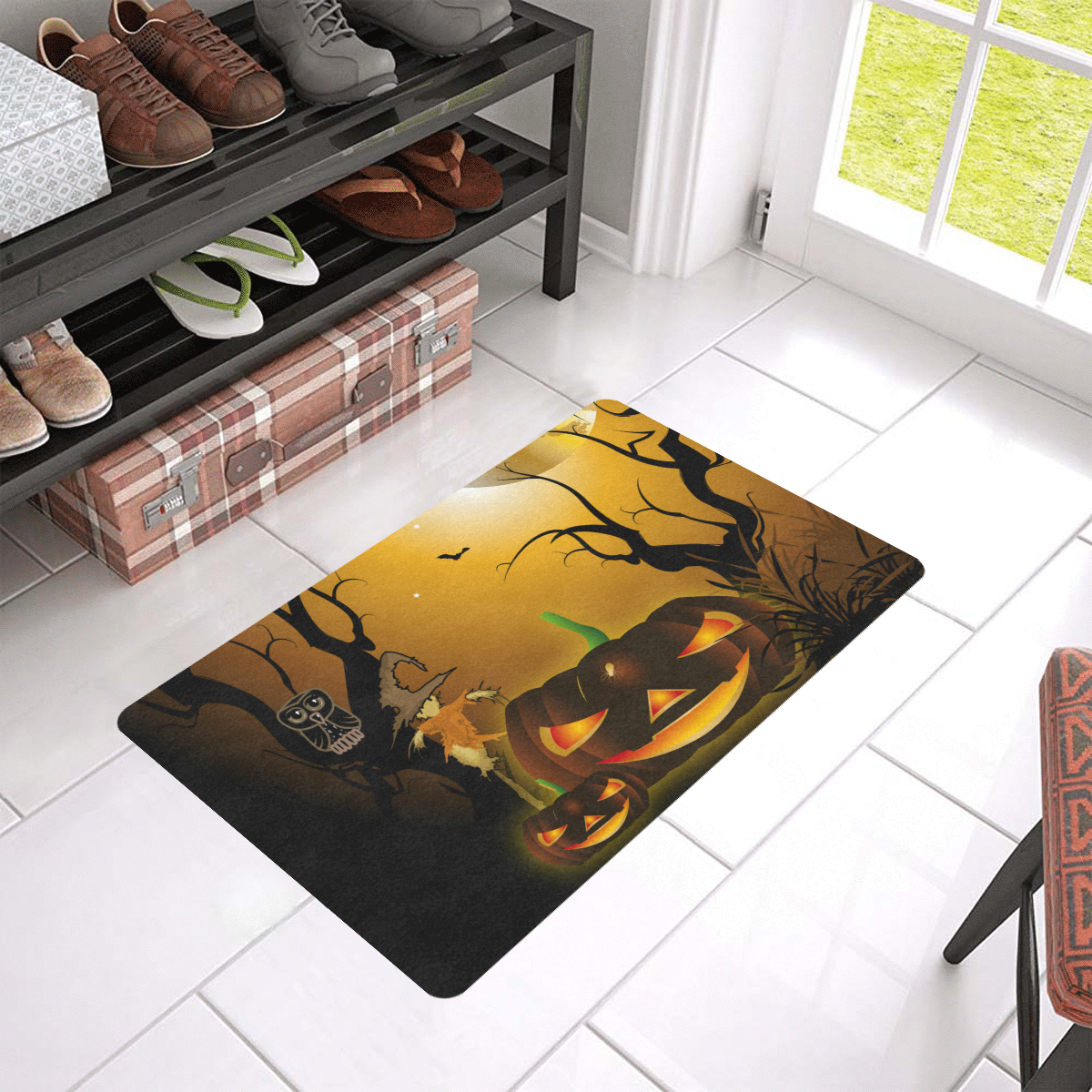 Halloween, Funny scarecrow with punpkin Doormat 24"x16" (Black Base)