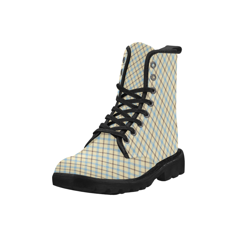 Plaid in cream, brown and baby blue Martin Boots for Men (Black) (Model 1203H)