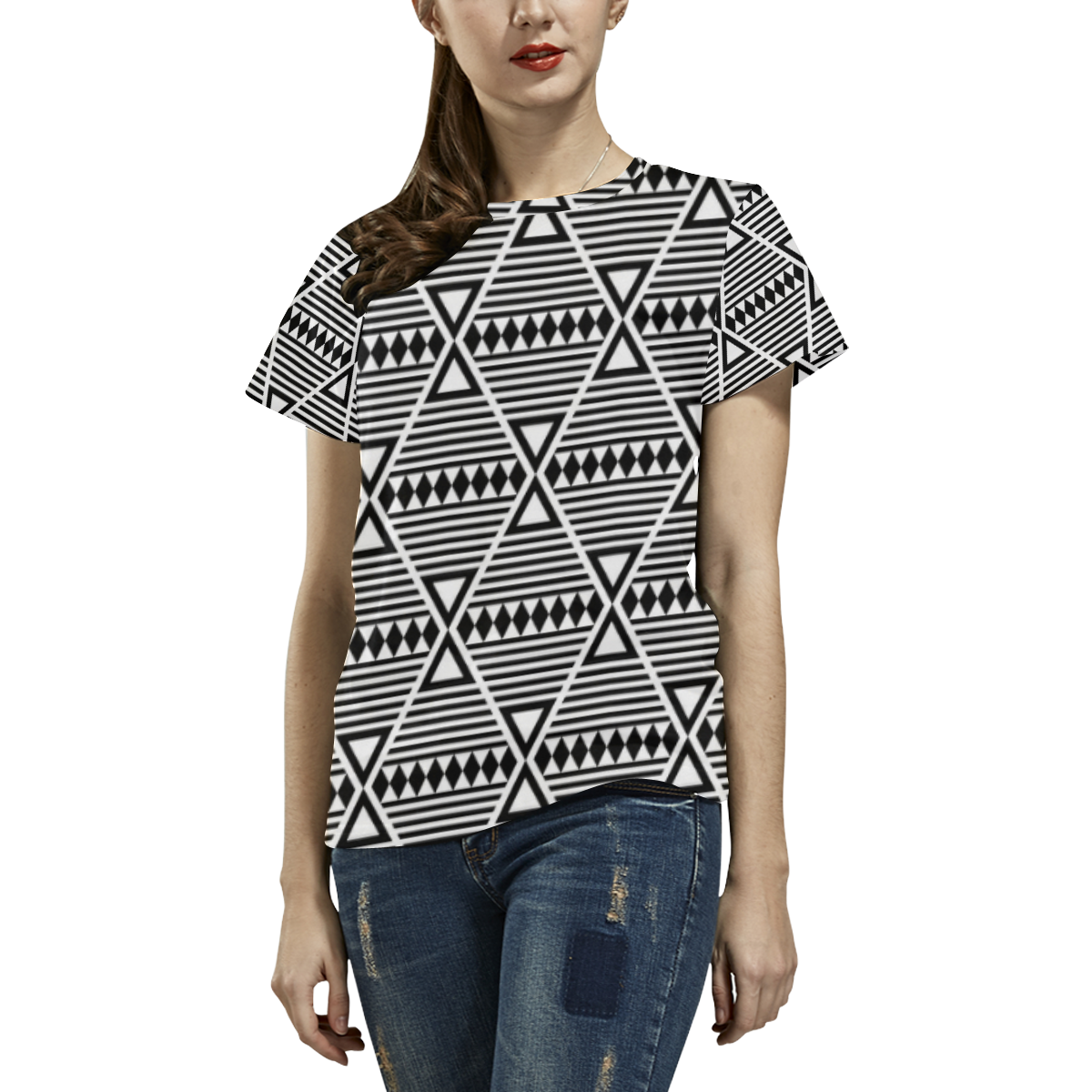 Black Aztec Tribal All Over Print T-Shirt for Women (USA Size) (Model T40)