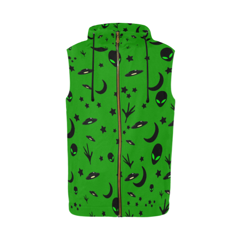 Alien Flying Saucers Stars Pattern on Green All Over Print Sleeveless Zip Up Hoodie for Men (Model H16)