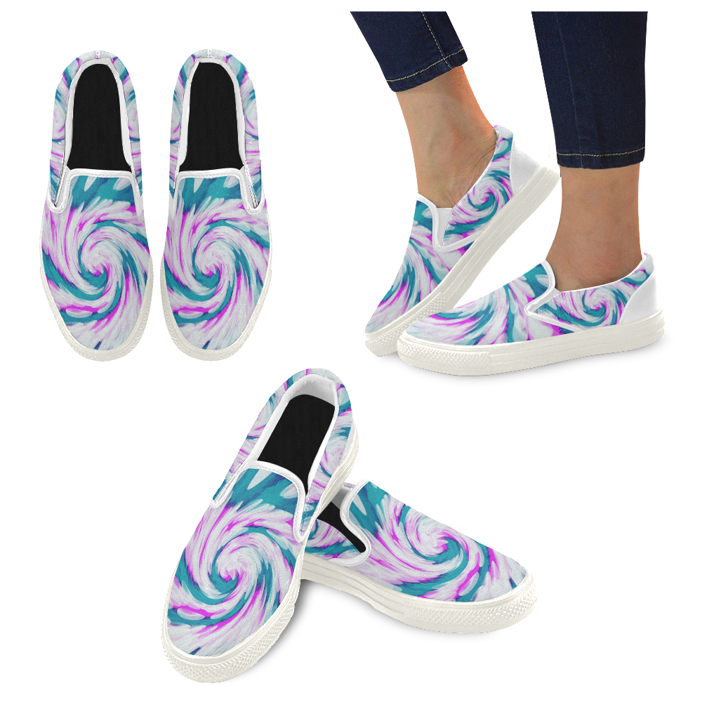 Turquoise Pink Tie Dye Swirl Abstract Slip-on Canvas Shoes for Men/Large Size (Model 019)