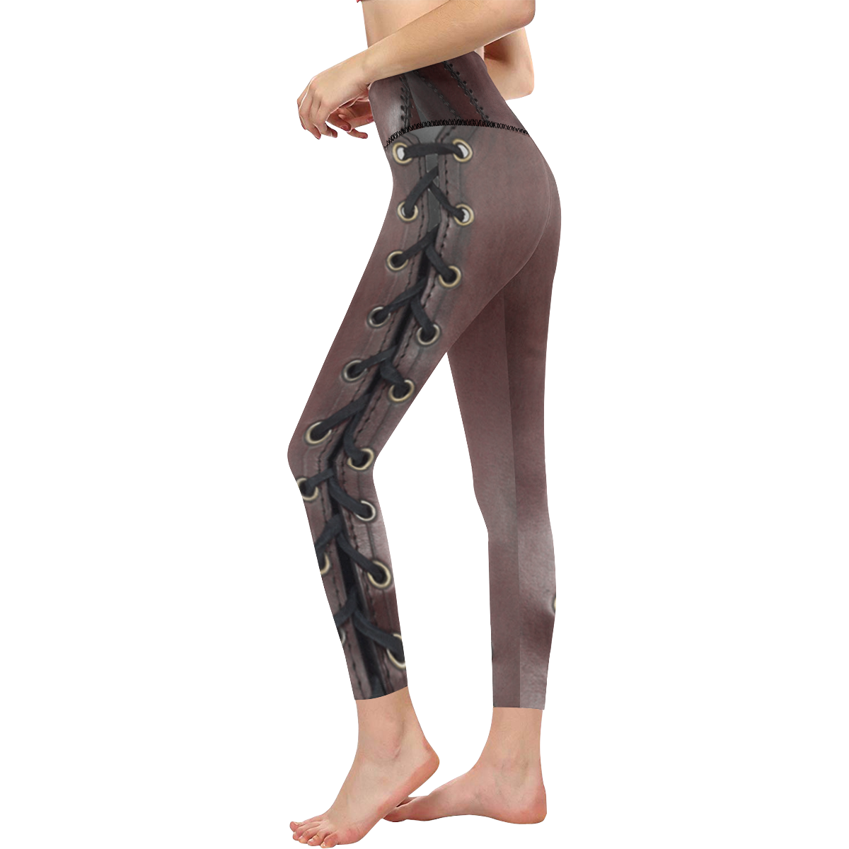 Lace up Leather Texture Print Women's All Over Print High-Waisted Leggings (Model L36)