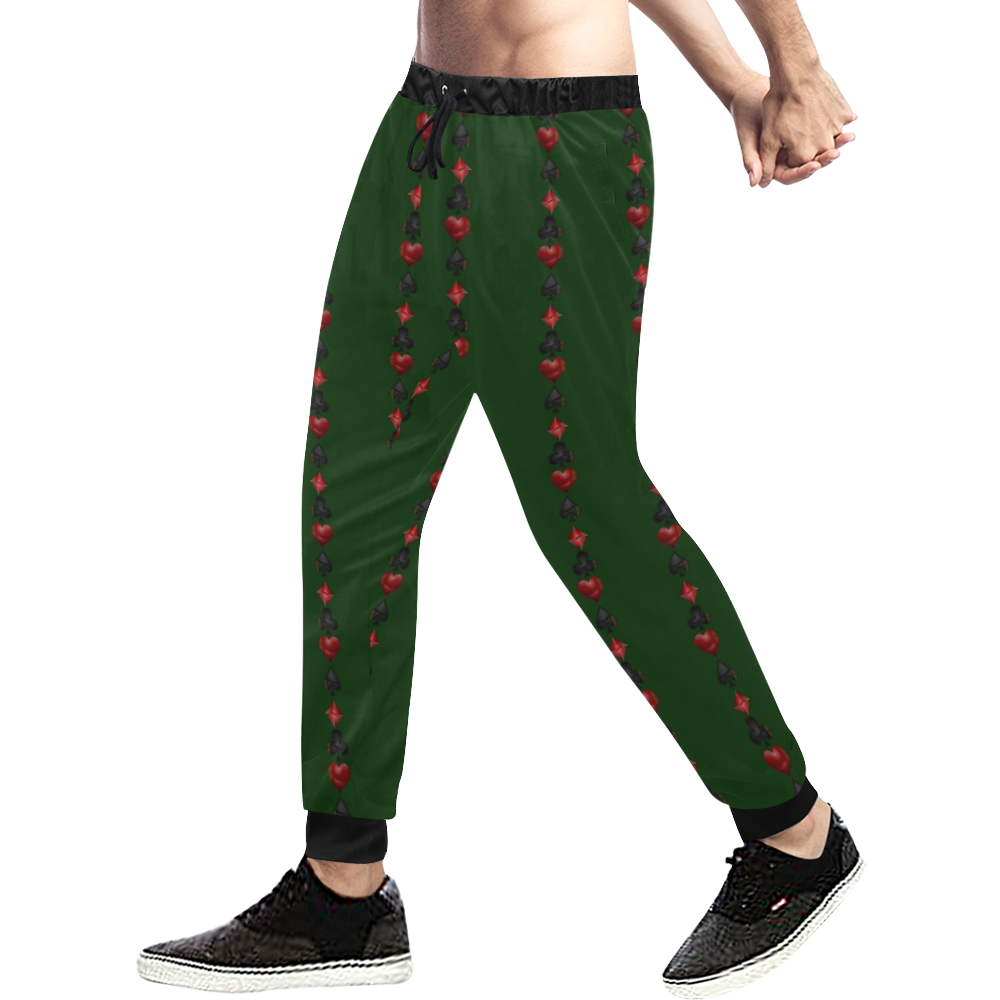 Las Vegas  Black and Red Casino Poker Card Shapes on Green Men's All Over Print Sweatpants (Model L11)