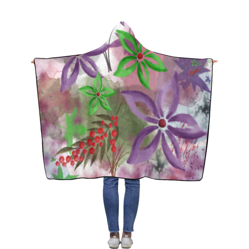 Flower Pattern - purple, violet, green, red Flannel Hooded Blanket 50''x60''