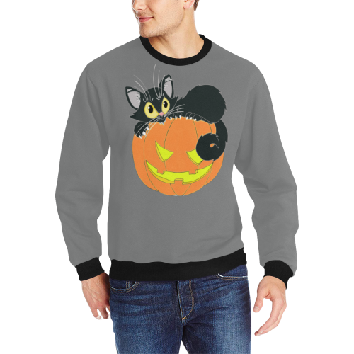 Halloween Black Cat And Pumpkin Grey/Black Men's Rib Cuff Crew Neck Sweatshirt (Model H34)