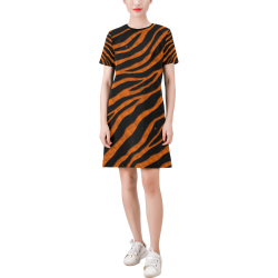 Ripped SpaceTime Stripes - Orange Short-Sleeve Round Neck A-Line Dress (Model D47)