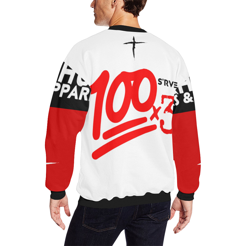 100x3 (White Red) Men's Oversized Fleece Crew Sweatshirt (Model H18)