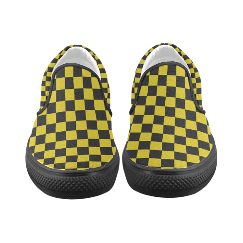 Checkerboard Black and Gold Women's Unusual Slip-on Canvas Shoes (Model 019)