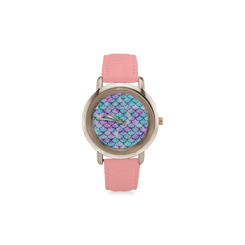 Mermaid light blue and purple Women's Rose Gold Leather Strap Watch(Model 201)