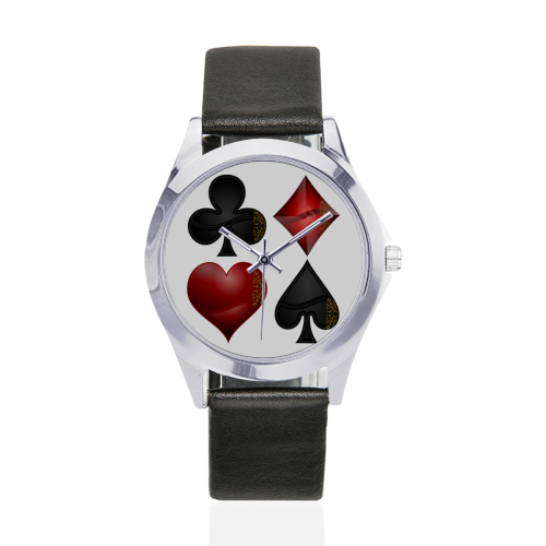 Las Vegas Black and Red Casino Poker Card Shapes (White) Unisex Silver-Tone Round Leather Watch (Model 216)