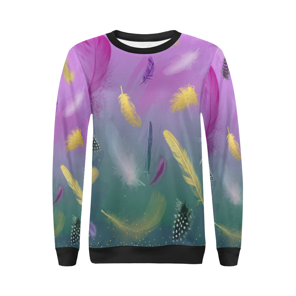 Dancing Feathers - Pink and Green All Over Print Crewneck Sweatshirt for Women (Model H18)