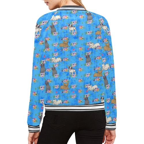 Frenchies In Flowers All Over Print Bomber Jacket for Women (Model H21)