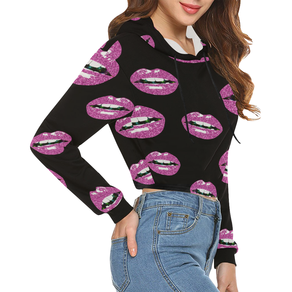Glittery Kiss All Over Print Crop Hoodie for Women (Model H22)