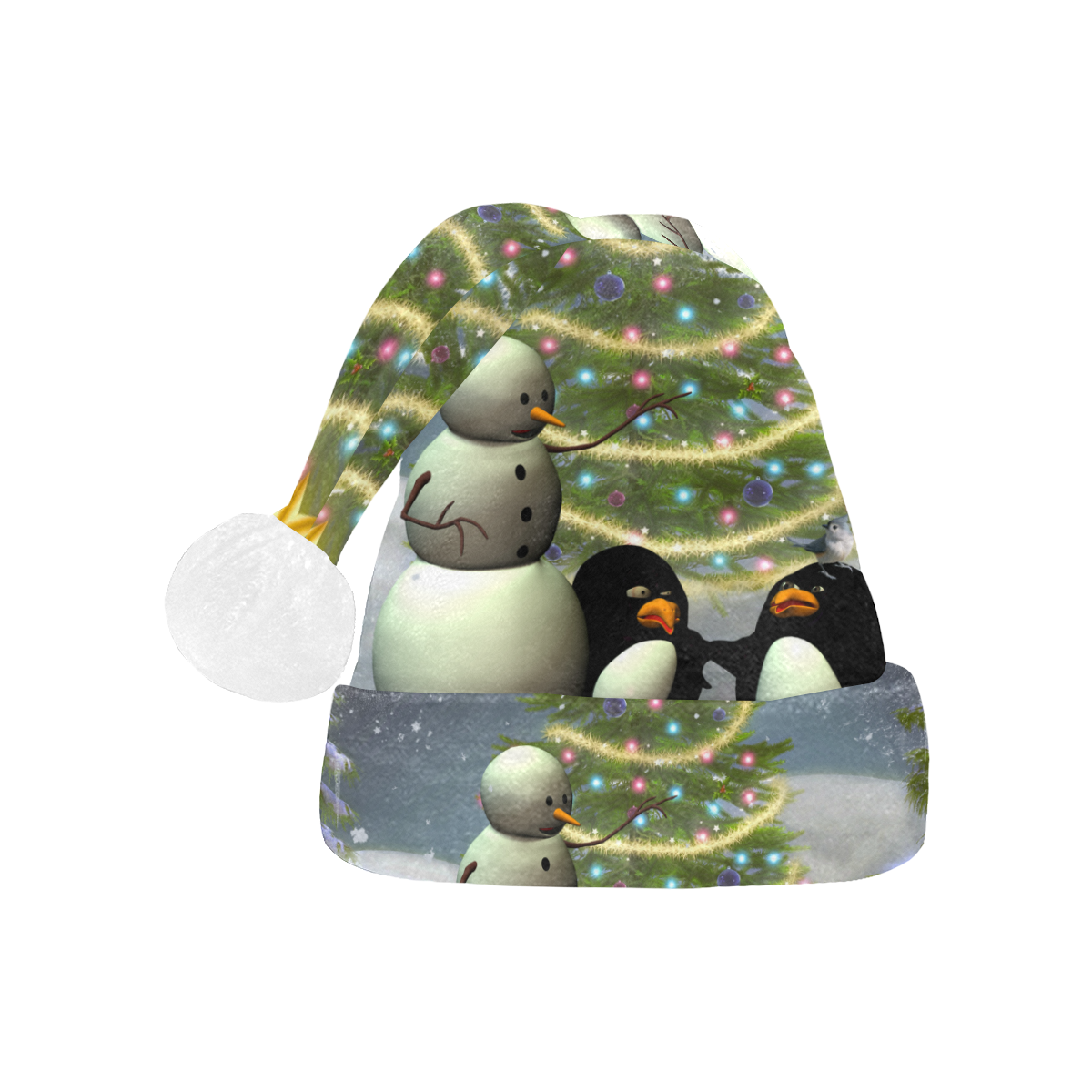 Snowman with penguin and christmas tree Santa Hat