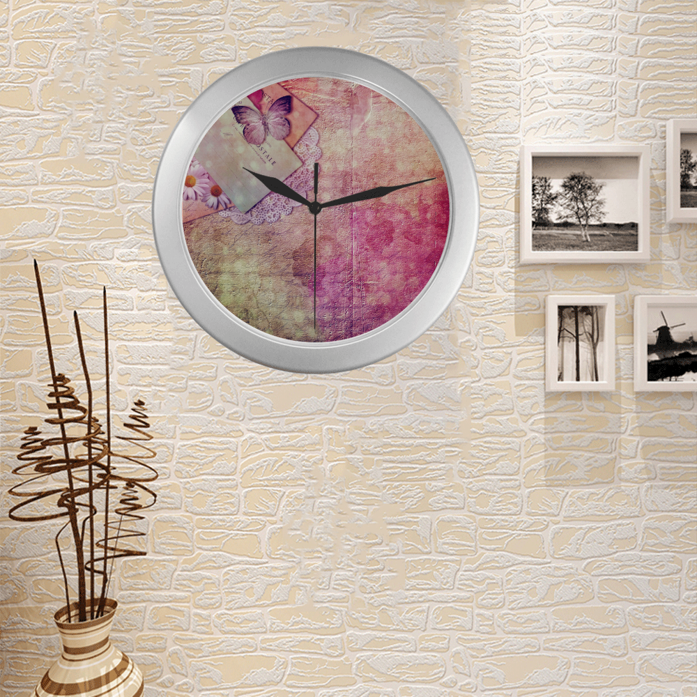 Silver Frame Wall Clock Classic Graphic Pink Butterfly Style Modern Art Wall Clock Silver Color Wall Clock