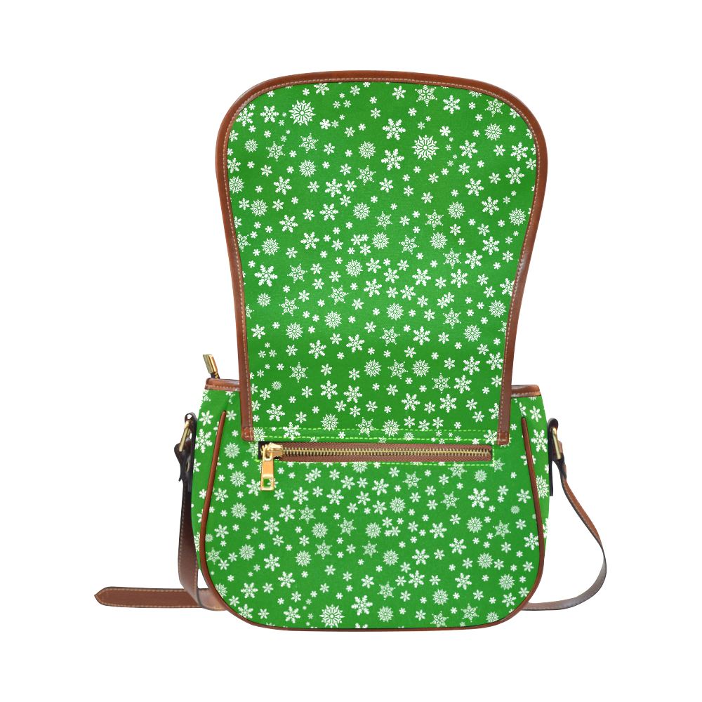 Christmas White Snowflakes on Green Saddle Bag/Large (Model 1649)