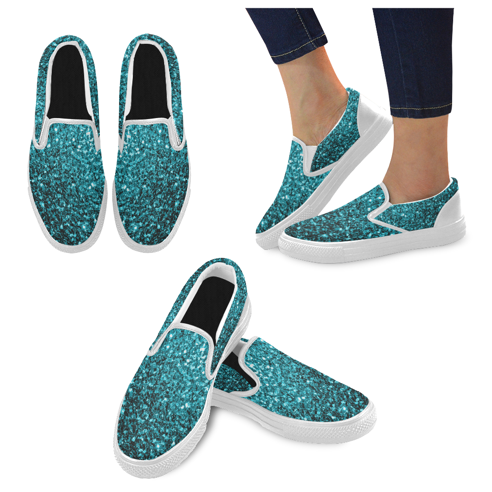Beautiful Aqua blue glitter sparkles Women's Slip-on Canvas Shoes (Model 019)
