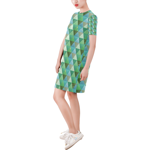 Triangle Pattern - Green Teal Khaki Moss Short-Sleeve Round Neck A-Line Dress (Model D47)