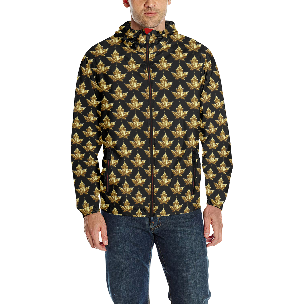 Gold Canada Maple Leaf Jackets All Over Print Quilted Windbreaker for Men (Model H35)