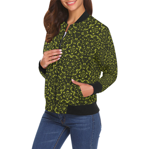 Green vintage pattern on a black background All Over Print Bomber Jacket for Women (Model H19)