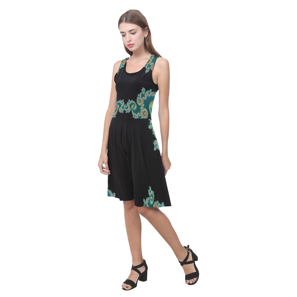 Aqua and Black  Hearts Lace Fractal Abstract Atalanta Casual Sundress(Model D04)