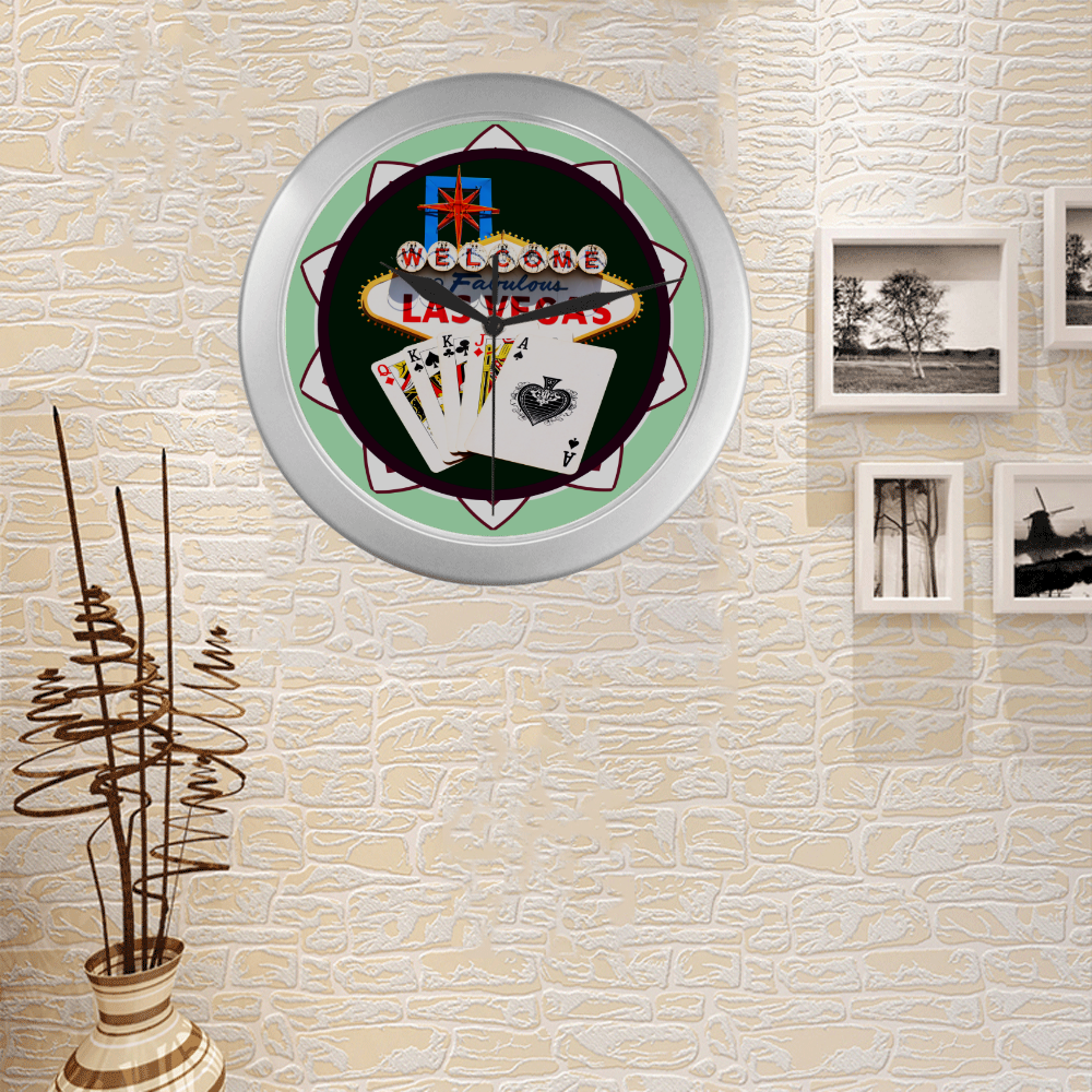 LasVegasIcons Poker Chip - Poker Hand Silver Color Wall Clock