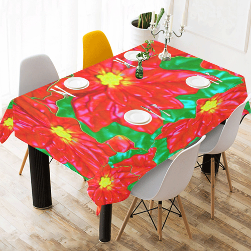 Red Orange Poinsettias Cotton Linen Tablecloth 52"x 70"